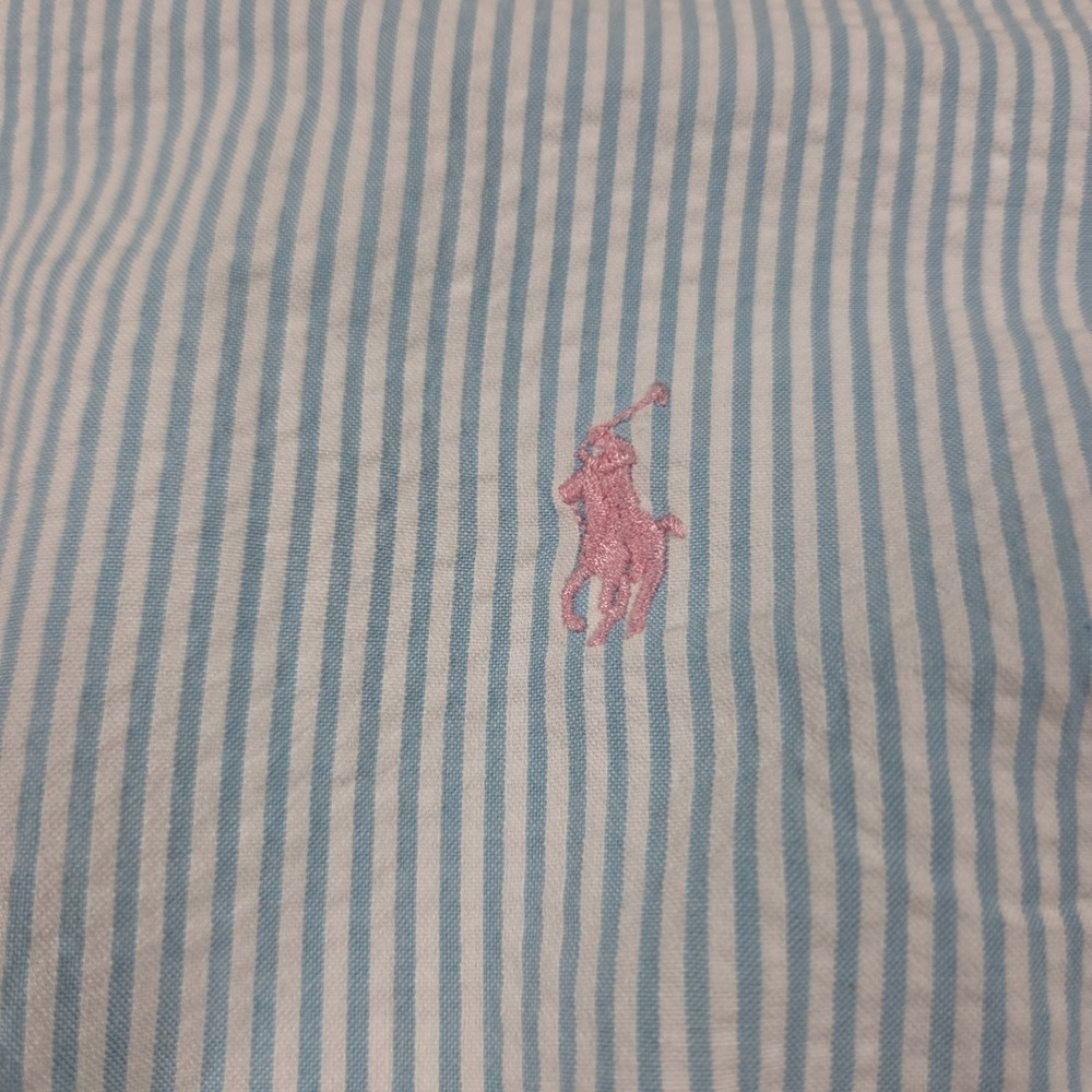Polo Ralph Lauren Men's M S/S Blue & White Striped Seersucker Shirt Pink Pony - Picture 3 of 6